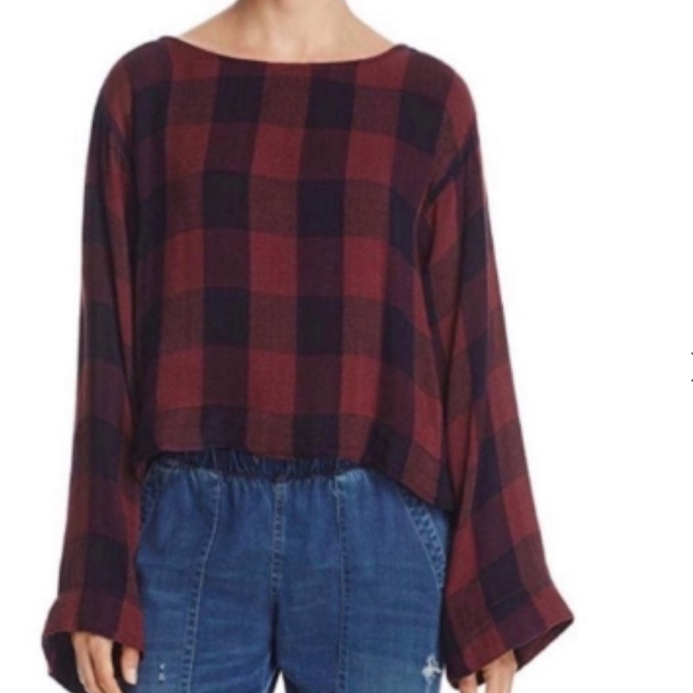 Anthropologie Cloth and Stone Plaid Tied Crop Top Maroon Navy Blue Size M
